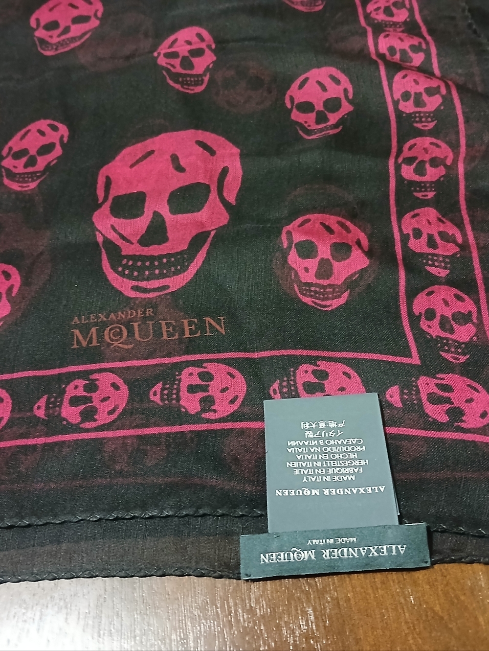 Alexander McQueen Black and Pink Skull Scarf Silk Chiffon 104x120cm